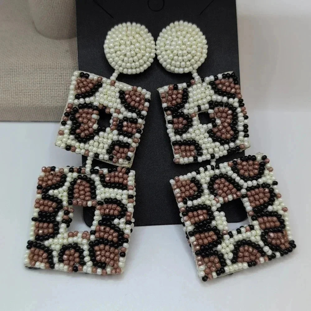 Beaded Leopard Print Statement Earrings | White Mauve Pink Brown - Picture 2 of 5